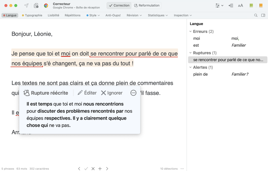 Le correcteur propose une reformulation pour résoudre les ruptures d’analyse.