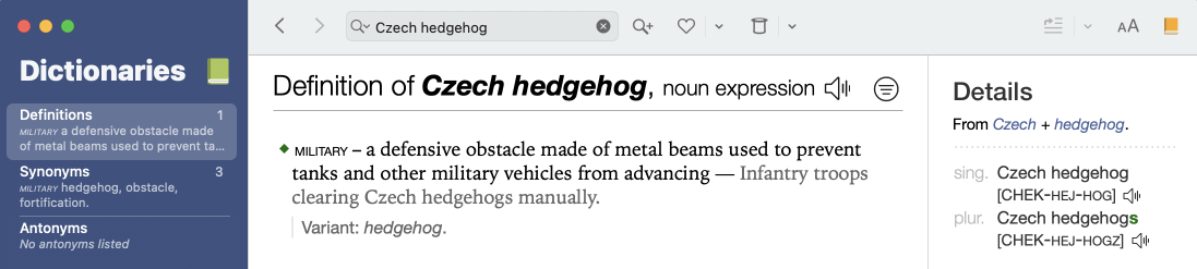 The expression _Czech hedgehog_ gets its own entry with additional information like variants and pronunciation.