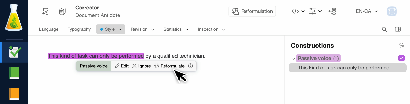 The Reformulate button in a style-related tooltip