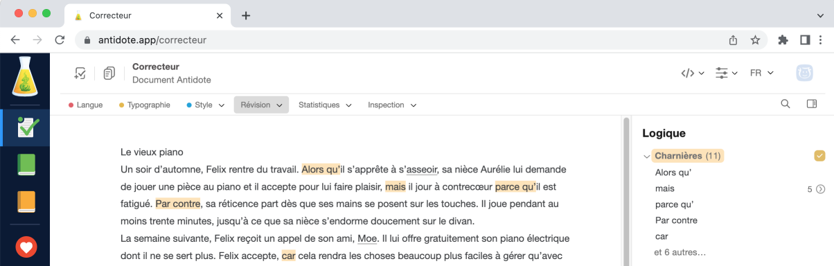Filtre **Logique** du correcteur d’Antidote Web