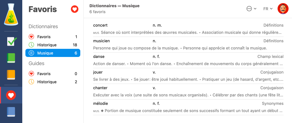 Liste de favoris provenant de dictionnaires différents