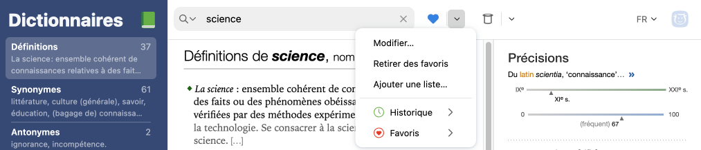 Menu des favoris